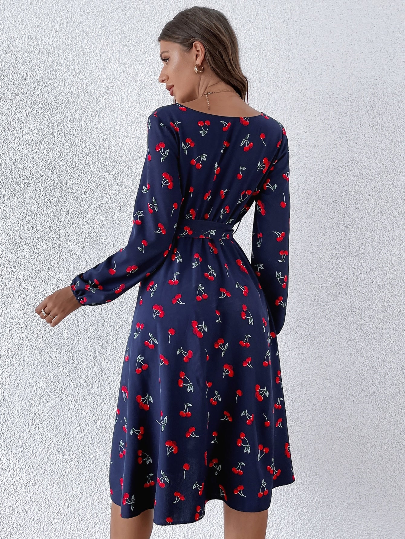 Cherry Print Bishop Sleeve Belted Dress