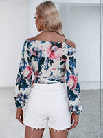 Floral Print Cold Shoulder Tie Front Crop Wrap Blouse