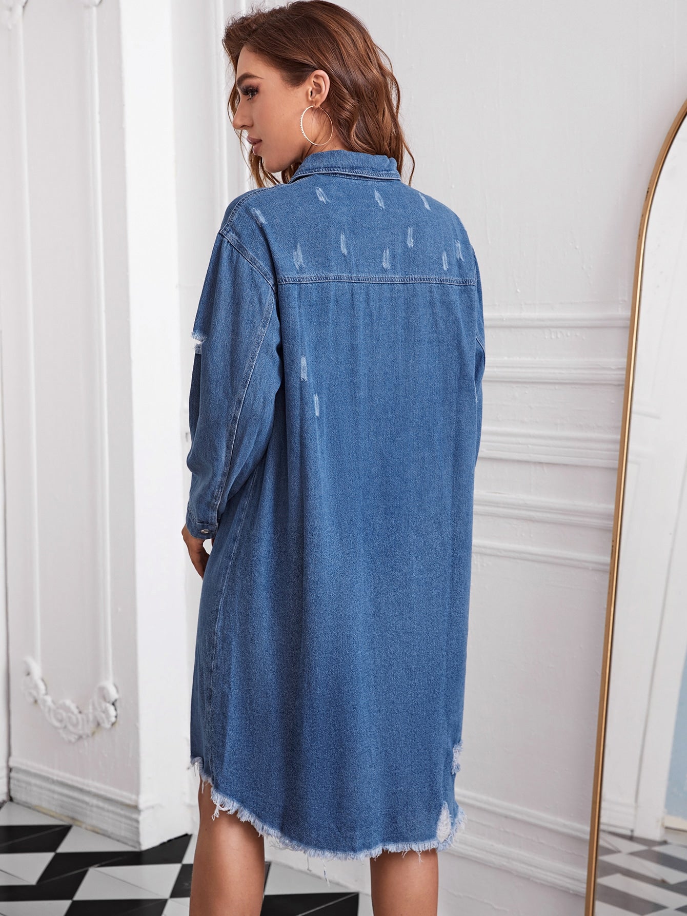 Patched Pocket Ripped Raw Hem Denim Dress Without Belt