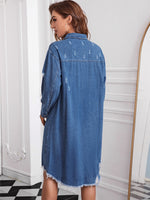 Patched Pocket Ripped Raw Hem Denim Dress Without Belt