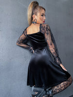 Lace Up Contrast Eyelash Lace Sweetheart Neck Velvet Dress