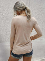 Ribbed Knit Ruched Button Detail Tee