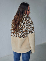Leopard Panel Quarter Zip Batwing Sleeve Flannel Sweatshirt