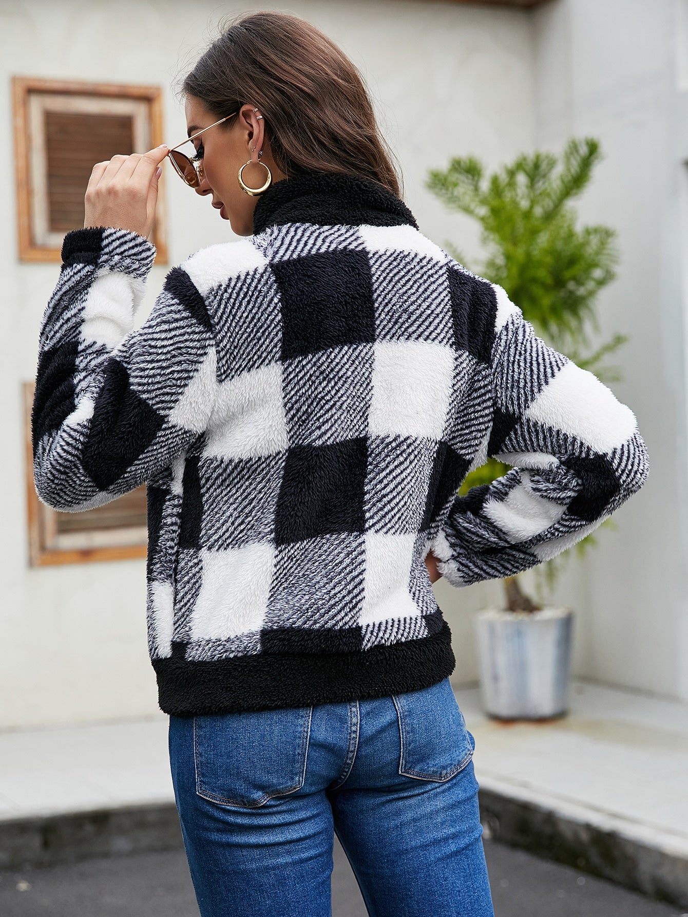 Buffalo Plaid Print Zip Up Flannel Jacket
