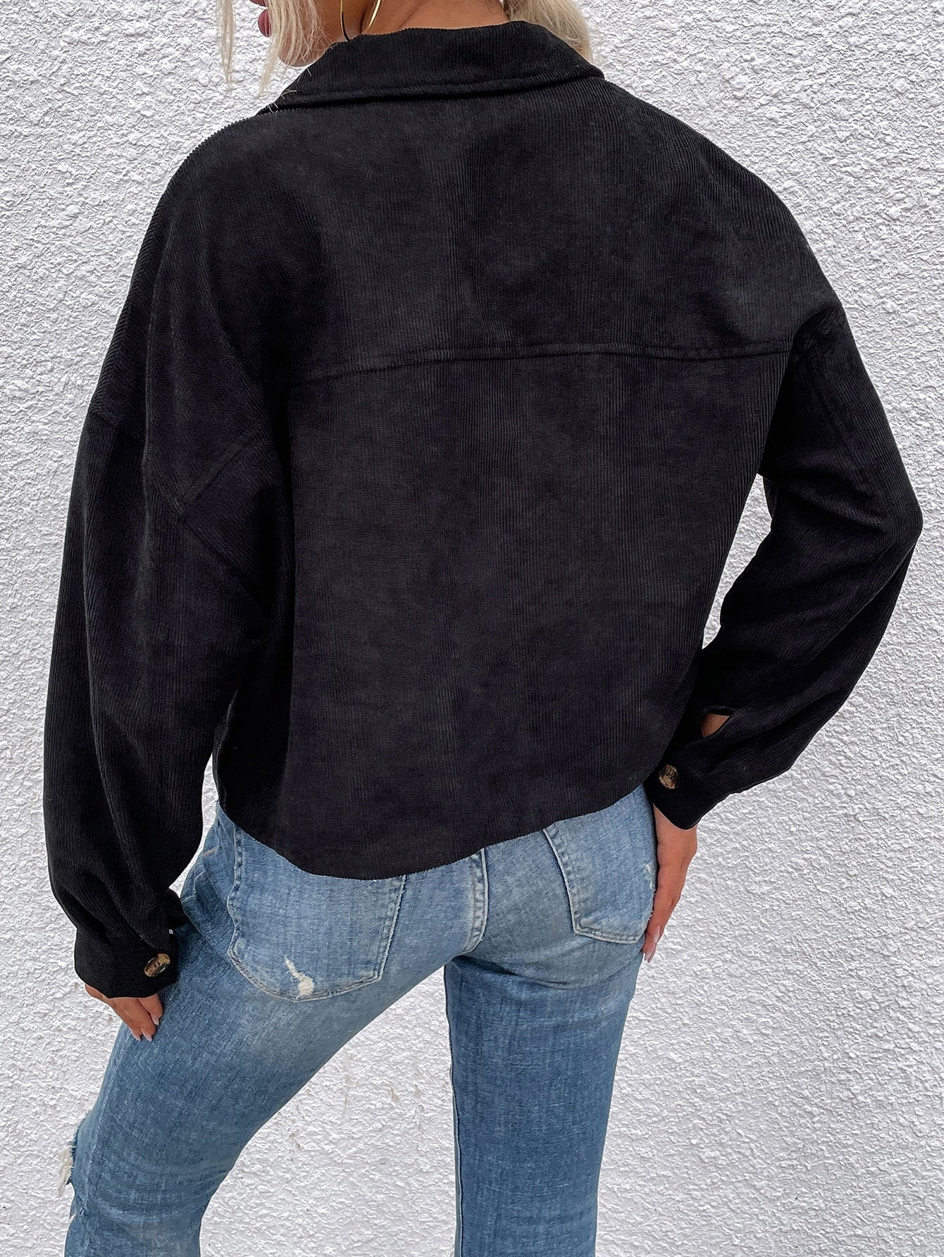 Drop Shoulder Flap Pocket Corduroy Jacket