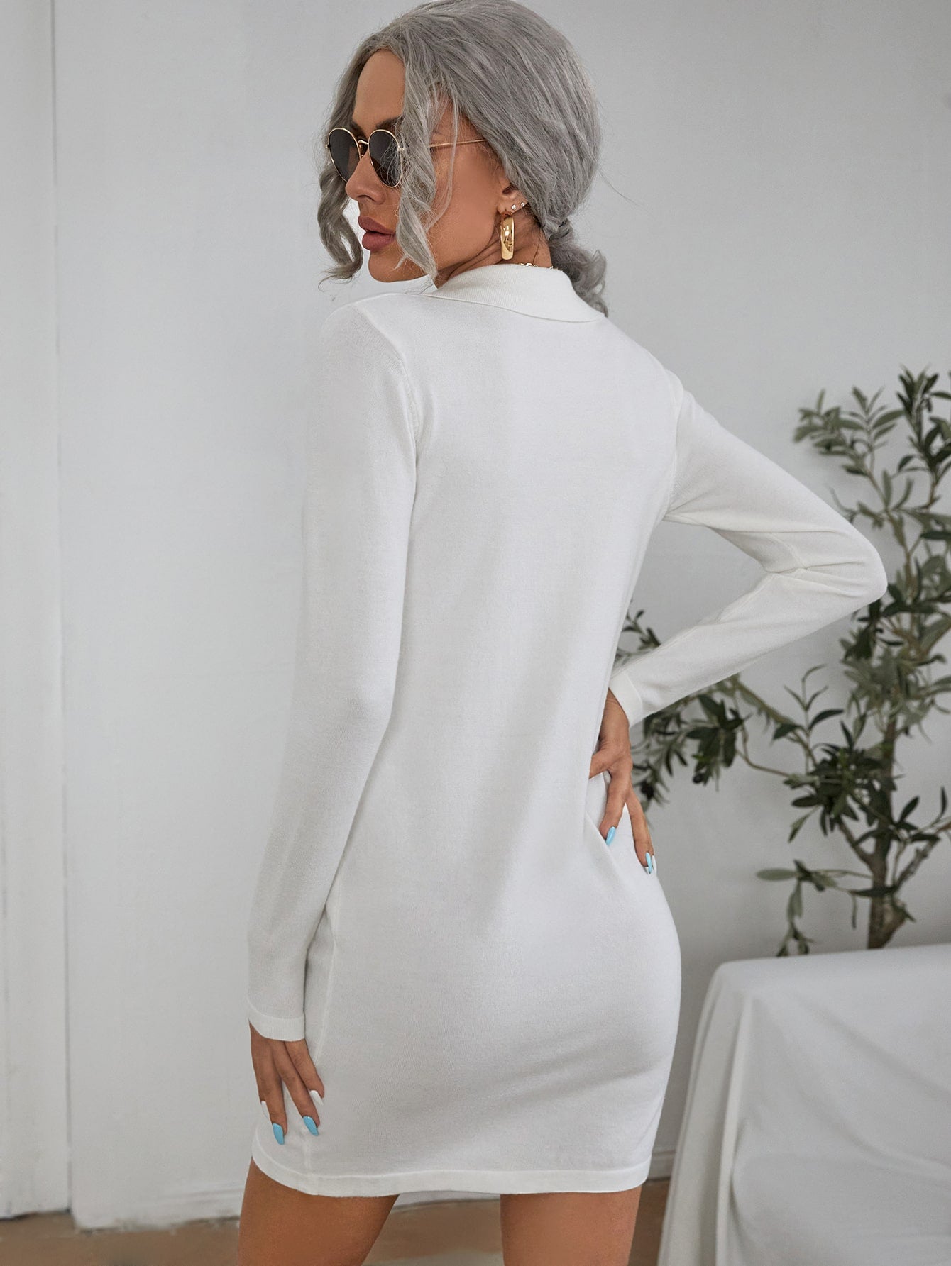 Button Front Solid Sweater Dress