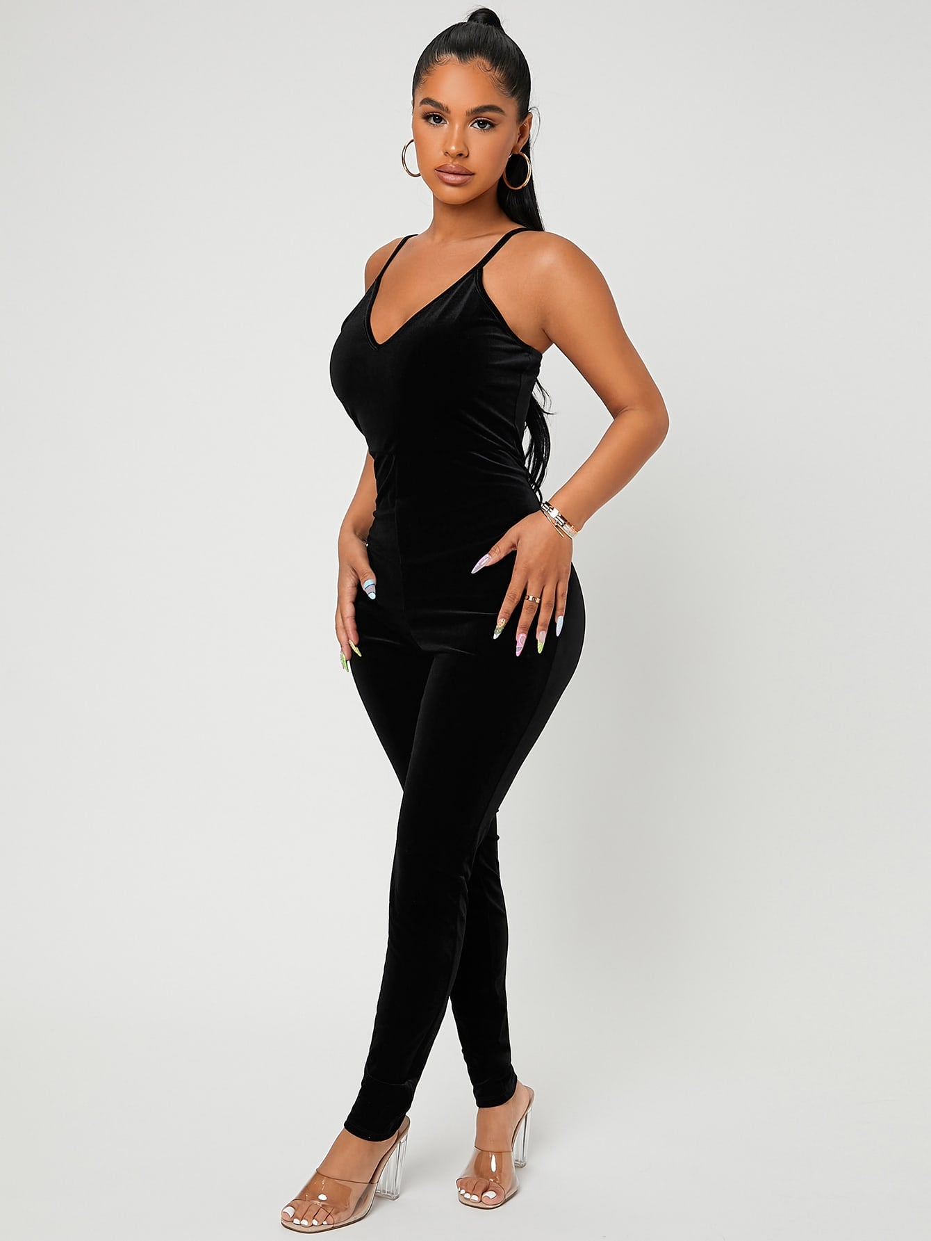 Solid Velvet Unitard Jumpsuit