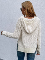 Popcorn Knit Drop Shoulder Split Hem Drawstring Hooded Sweater