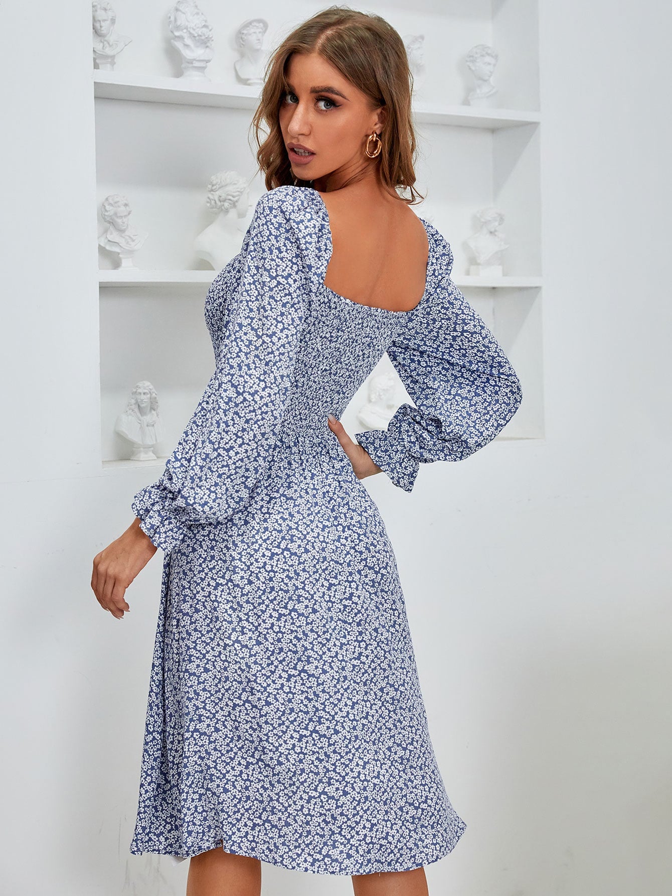 Square Neck Ditsy Floral Print Shirred Bodice Flounce Sleeve Dress