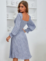 Square Neck Ditsy Floral Print Shirred Bodice Flounce Sleeve Dress
