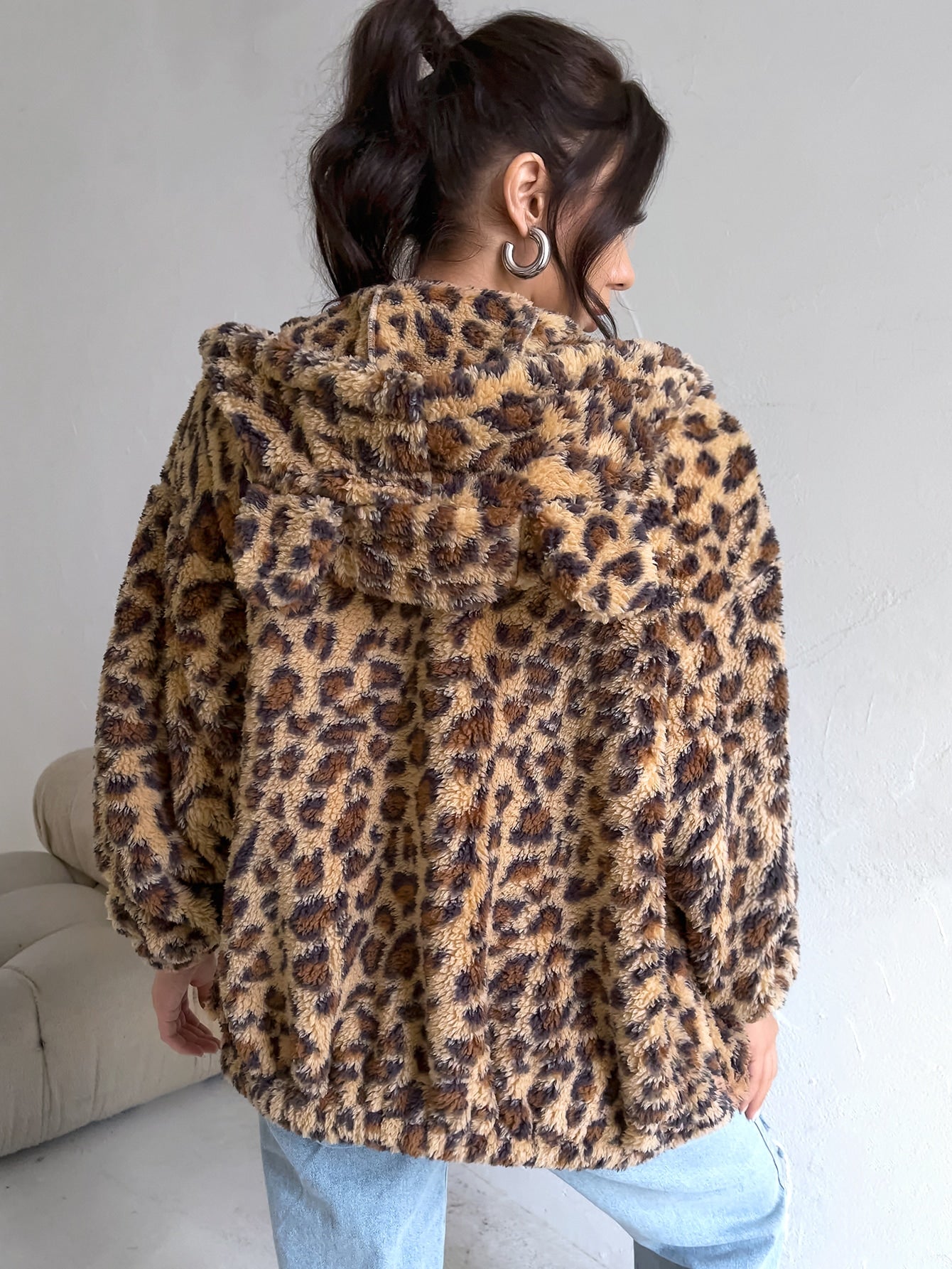3D Ear Hooded Zip Up Leopard Teddy Jacket