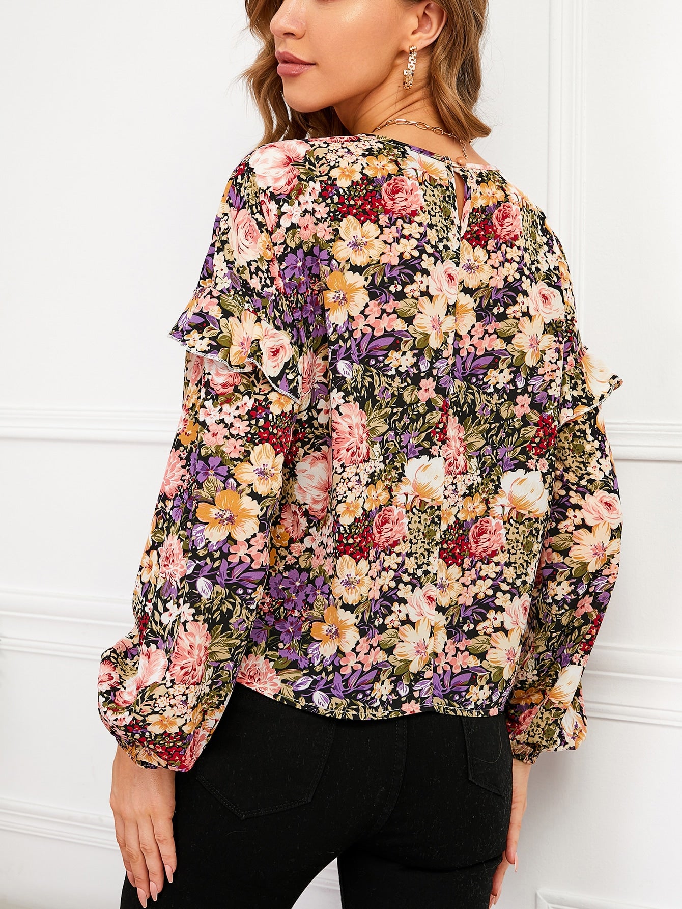 Ruffle Trim Allover Floral Print Blouse