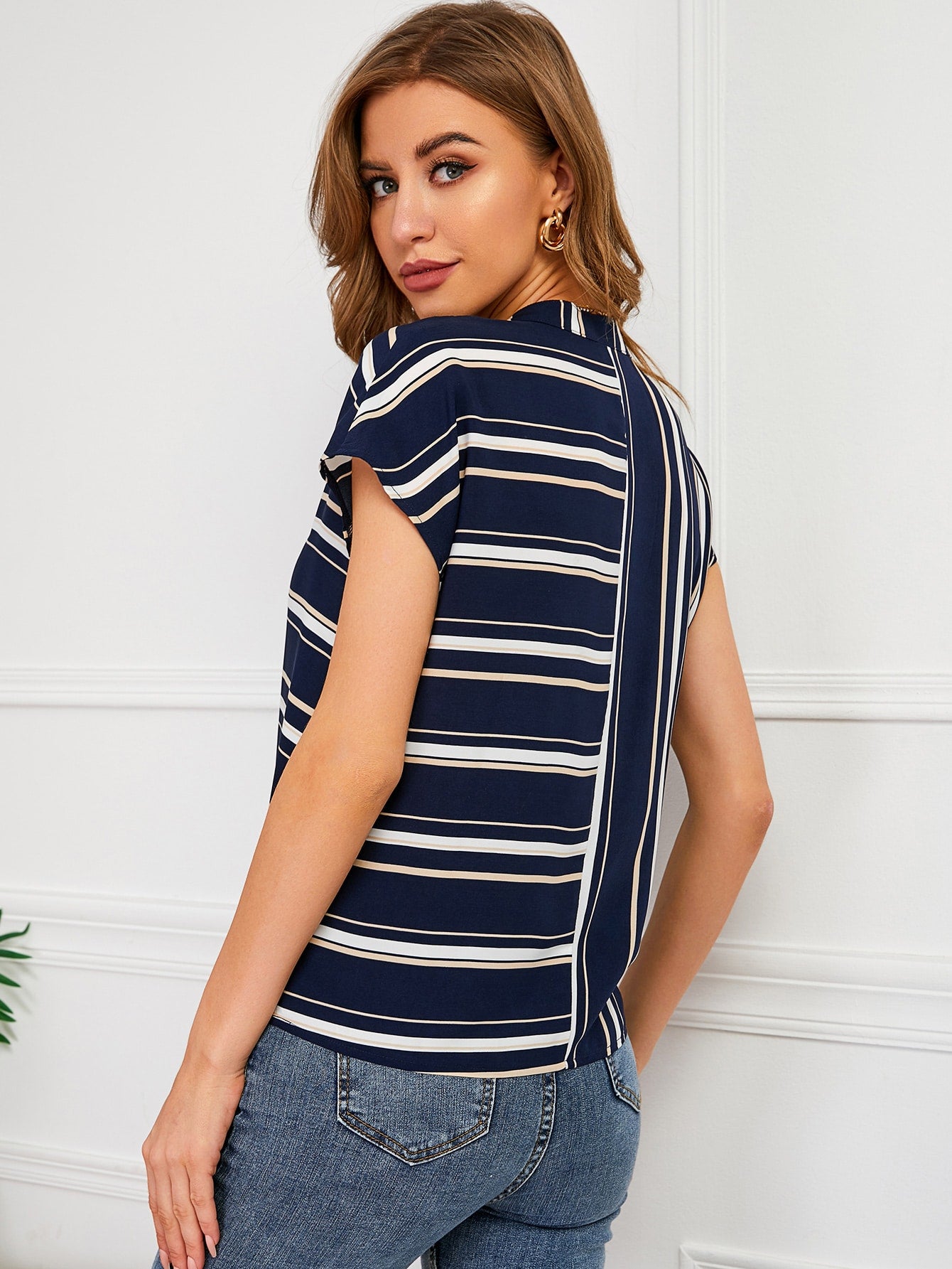 Notch Neck Striped Blouse