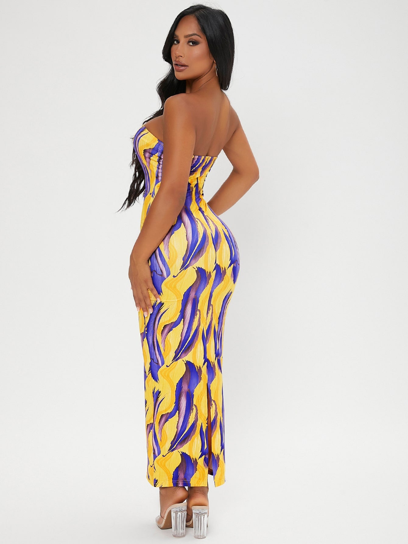 Graphic Print Split Back Tube Bodycon Dress