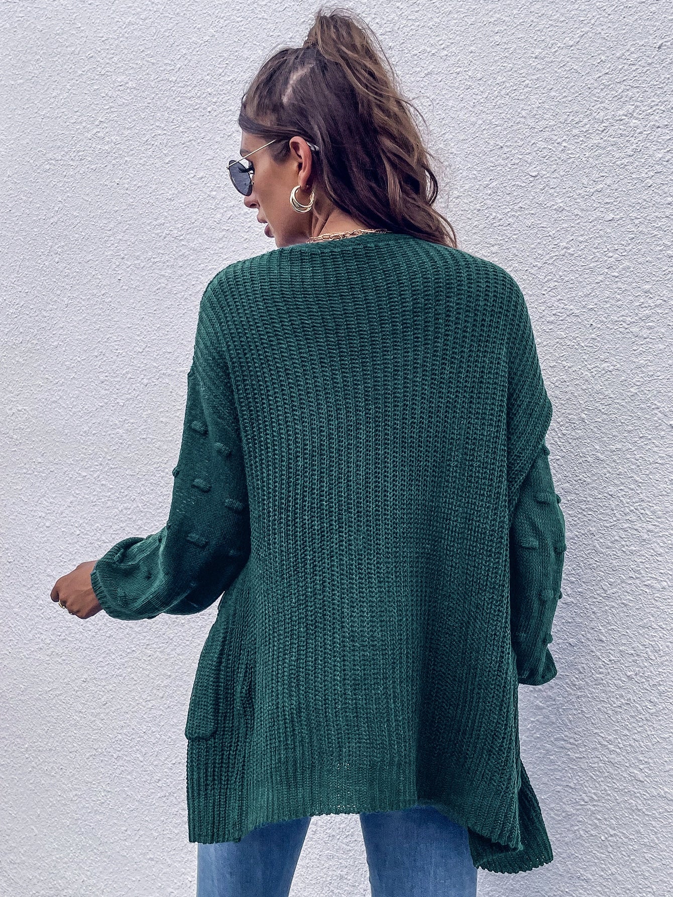 Drop Shoulder Patch Pocket Popcorn Knit Cardigan