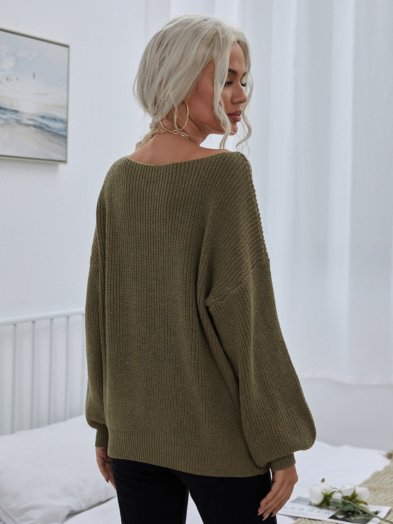 Asymmetrical Neck Rib-knit Sweater