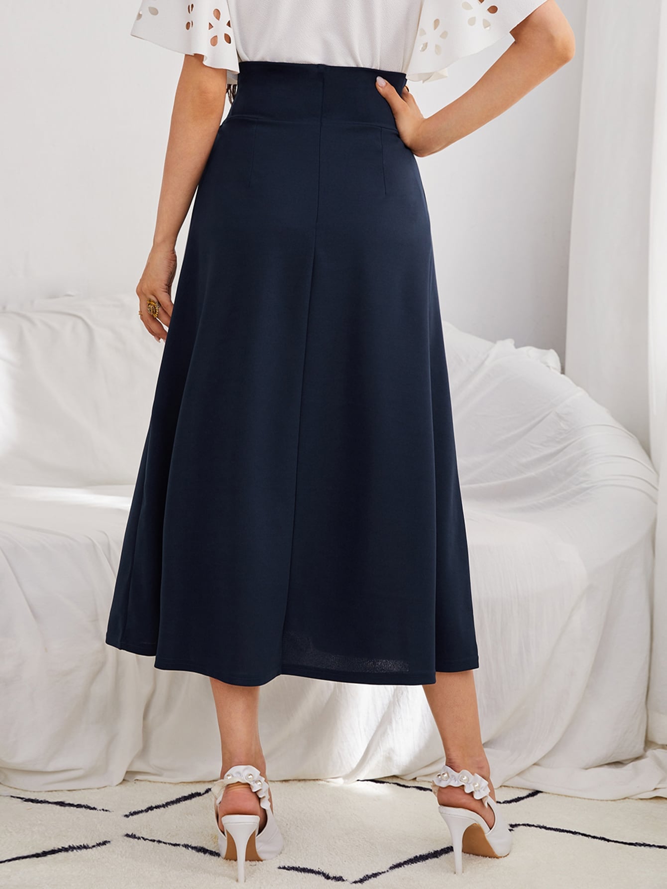 High Waist Single Breasted Plicated Skirt