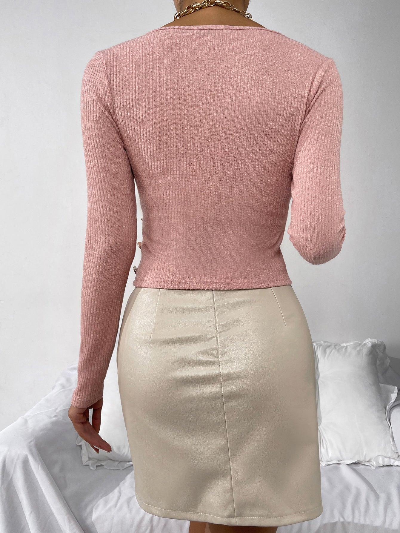Ribbed Knit Cross Wrap Front Button Detail Tee