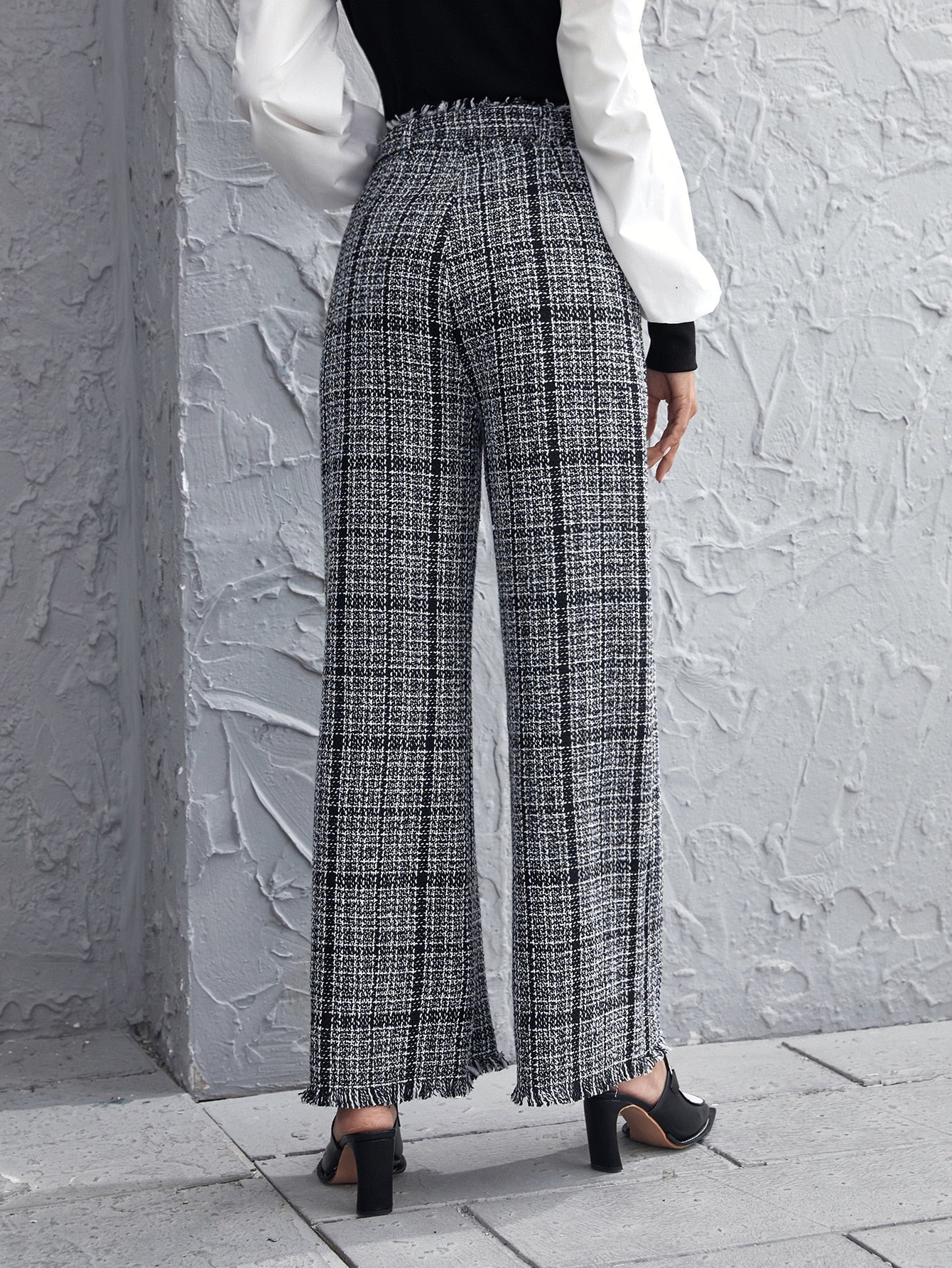High Waist Plaid Pattern Belted Tweed Wide Leg Pants