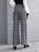 High Waist Plaid Pattern Belted Tweed Wide Leg Pants
