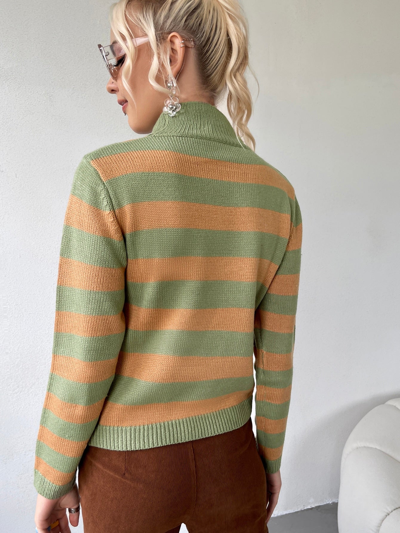 Striped Colorblock High Neck Sweater