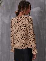 Dalmatian Print Keyhole Back Flounce Sleeve Blouse