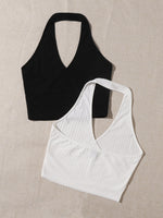 2pcs Ribbed Knit Halter Top