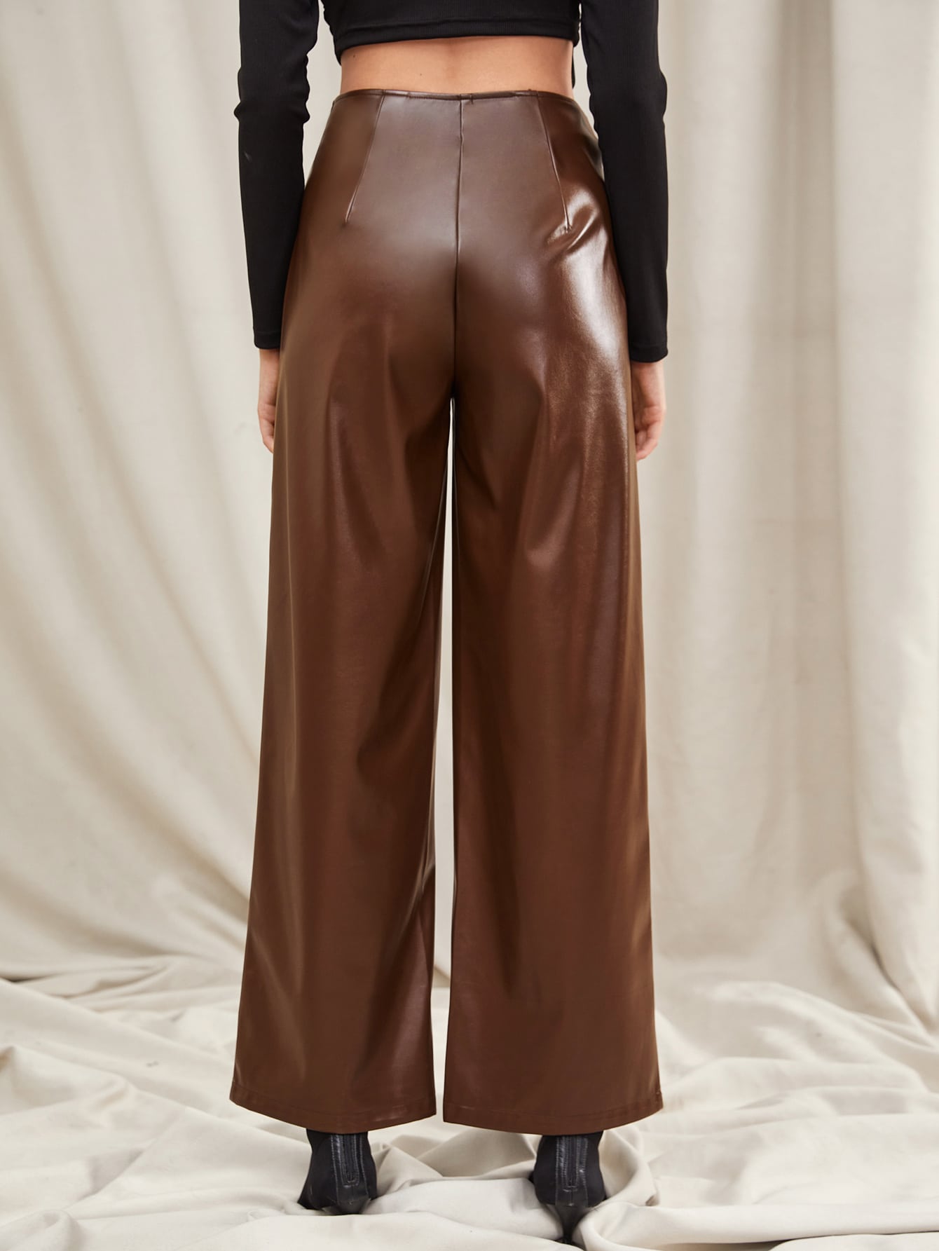 O-ring Zip Front PU Leather Wide Leg Pants