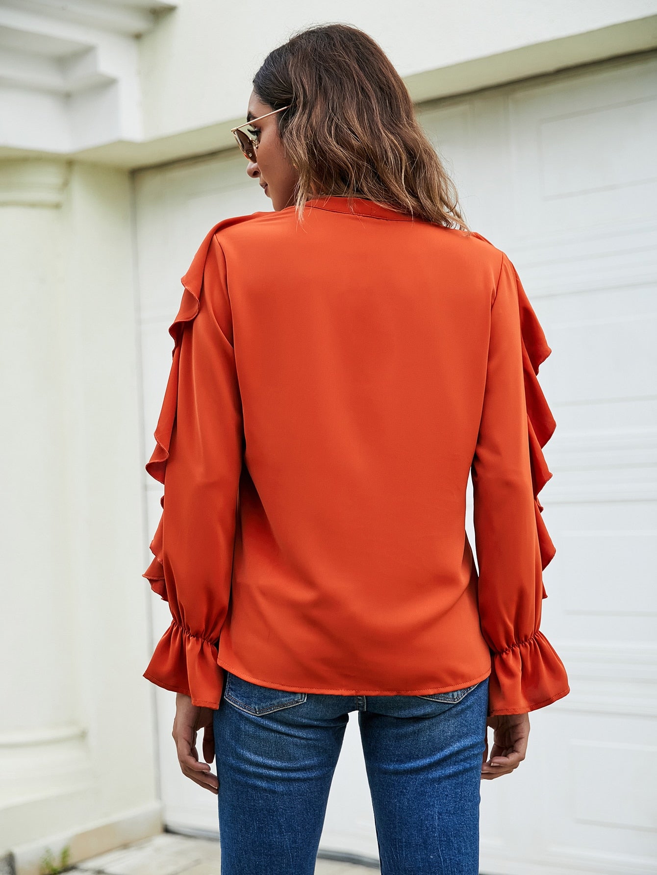 Ruffle Trim Flounce Sleeve Blouse