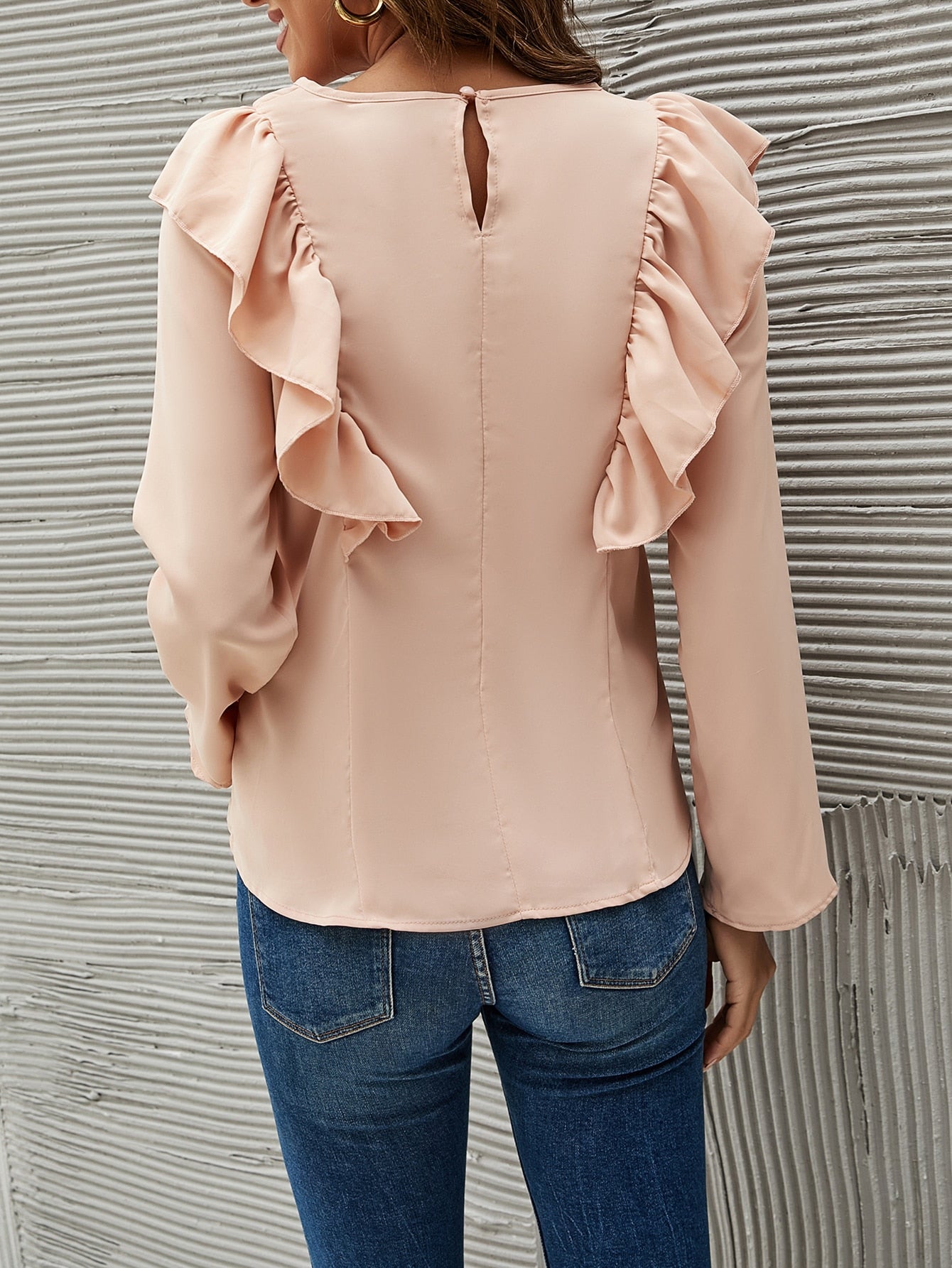 Solid Ruffle Trim Keyhole Back Top