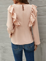 Solid Ruffle Trim Keyhole Back Top