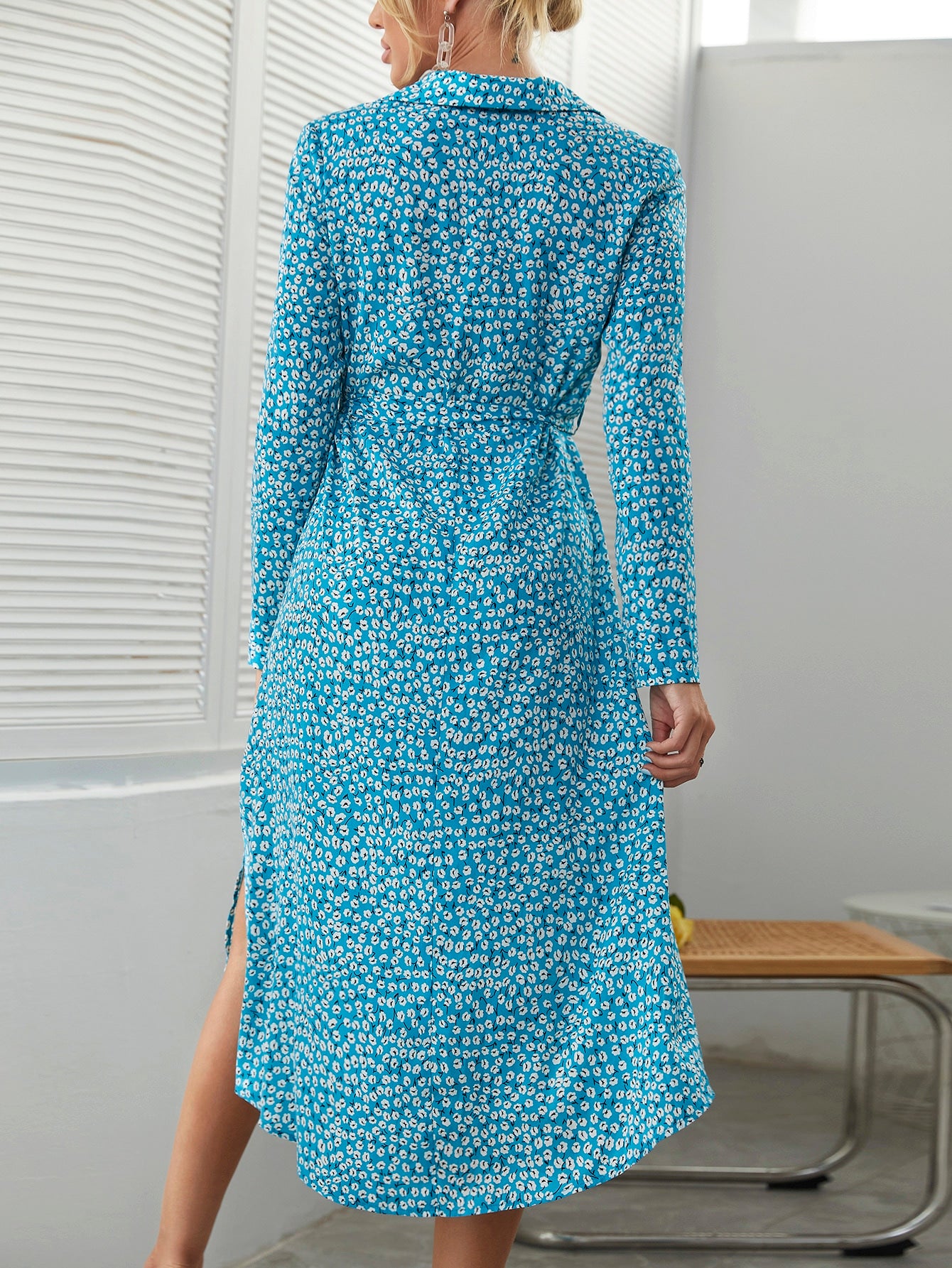 Ditsy Floral Collared Split Hem Belted Dress