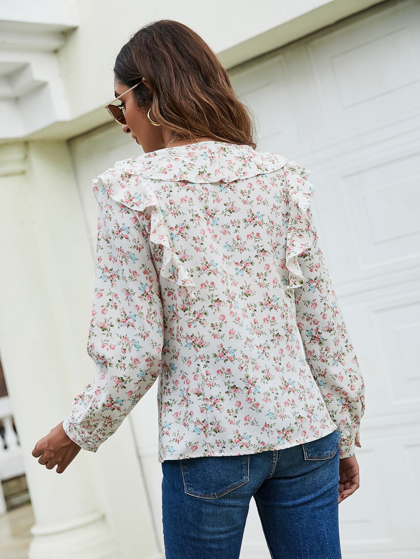 Ditsy Floral Print Ruffle Trim Blouse