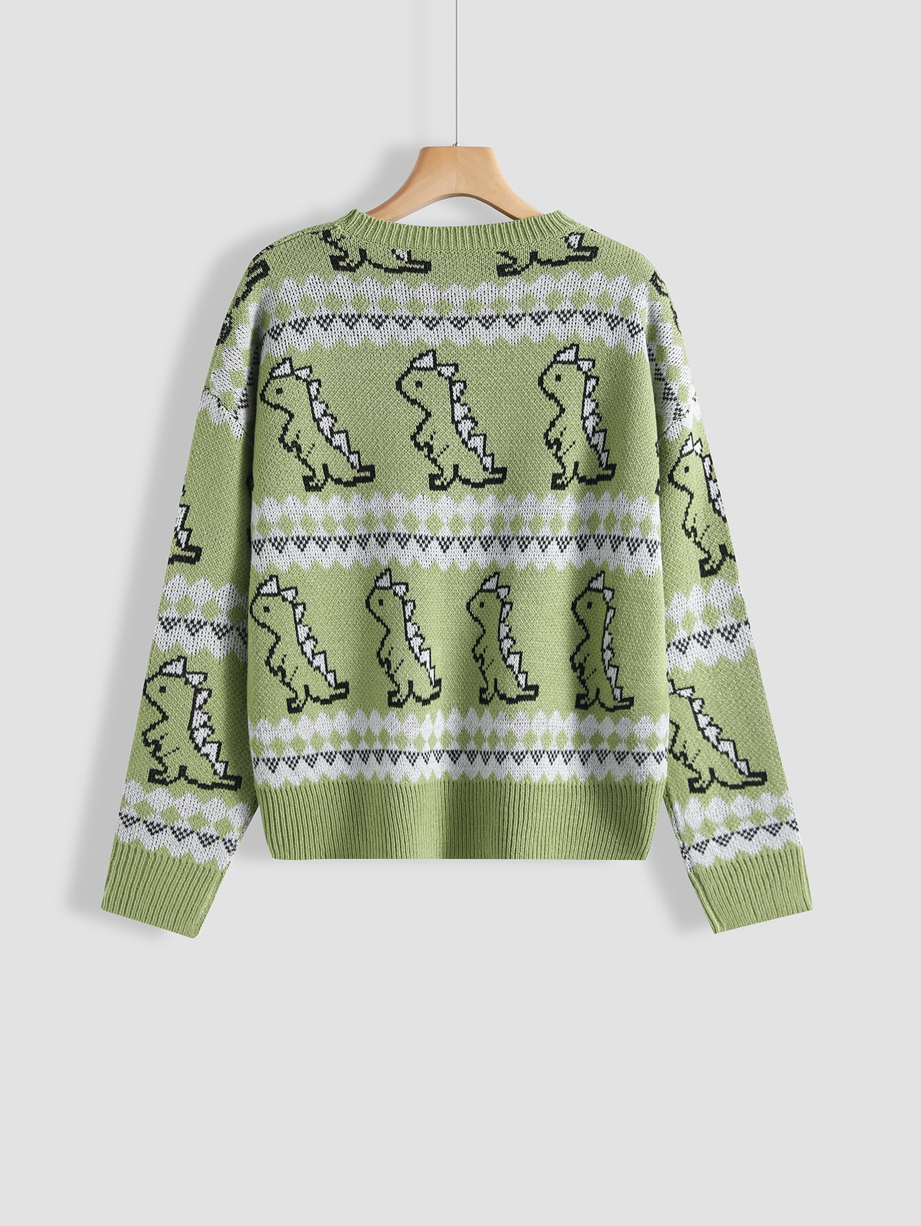 Cartoon Dinosaur & Geo Pattern Drop Shoulder Sweater
