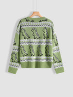 Cartoon Dinosaur & Geo Pattern Drop Shoulder Sweater