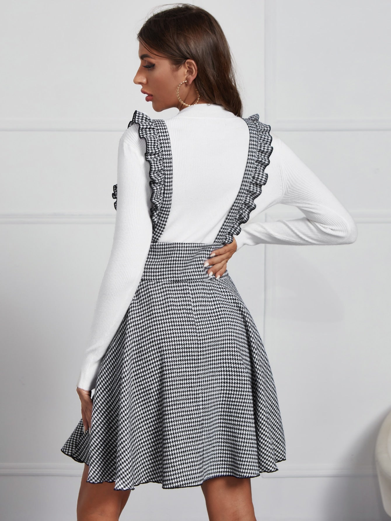 Houndstooth Ruffle Trim Pinafore Dress Without Tee