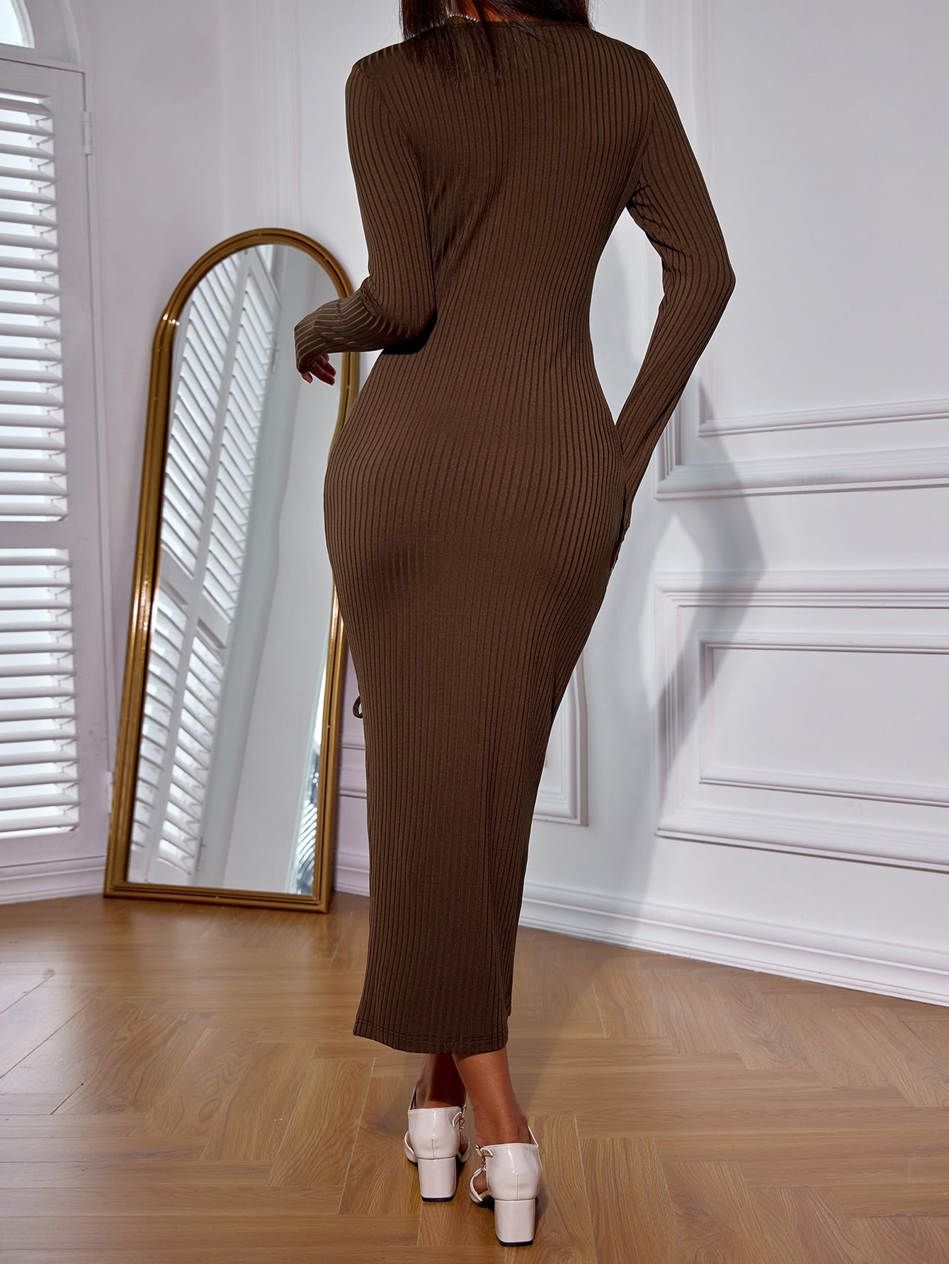 Ribbed Knit Garment Eyelet Lace Up Dress