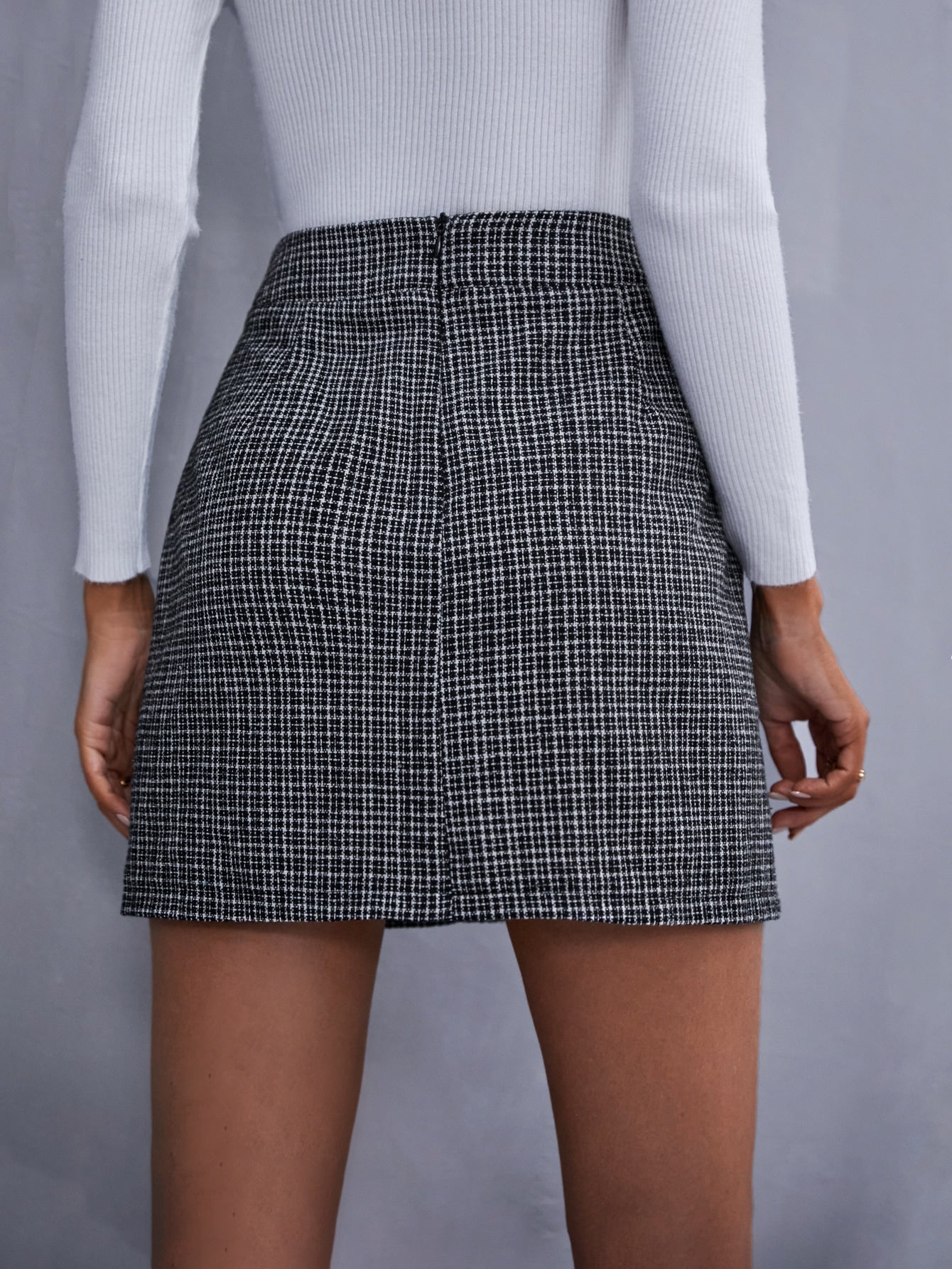 Button Detail Zip Back Plaid Skirt