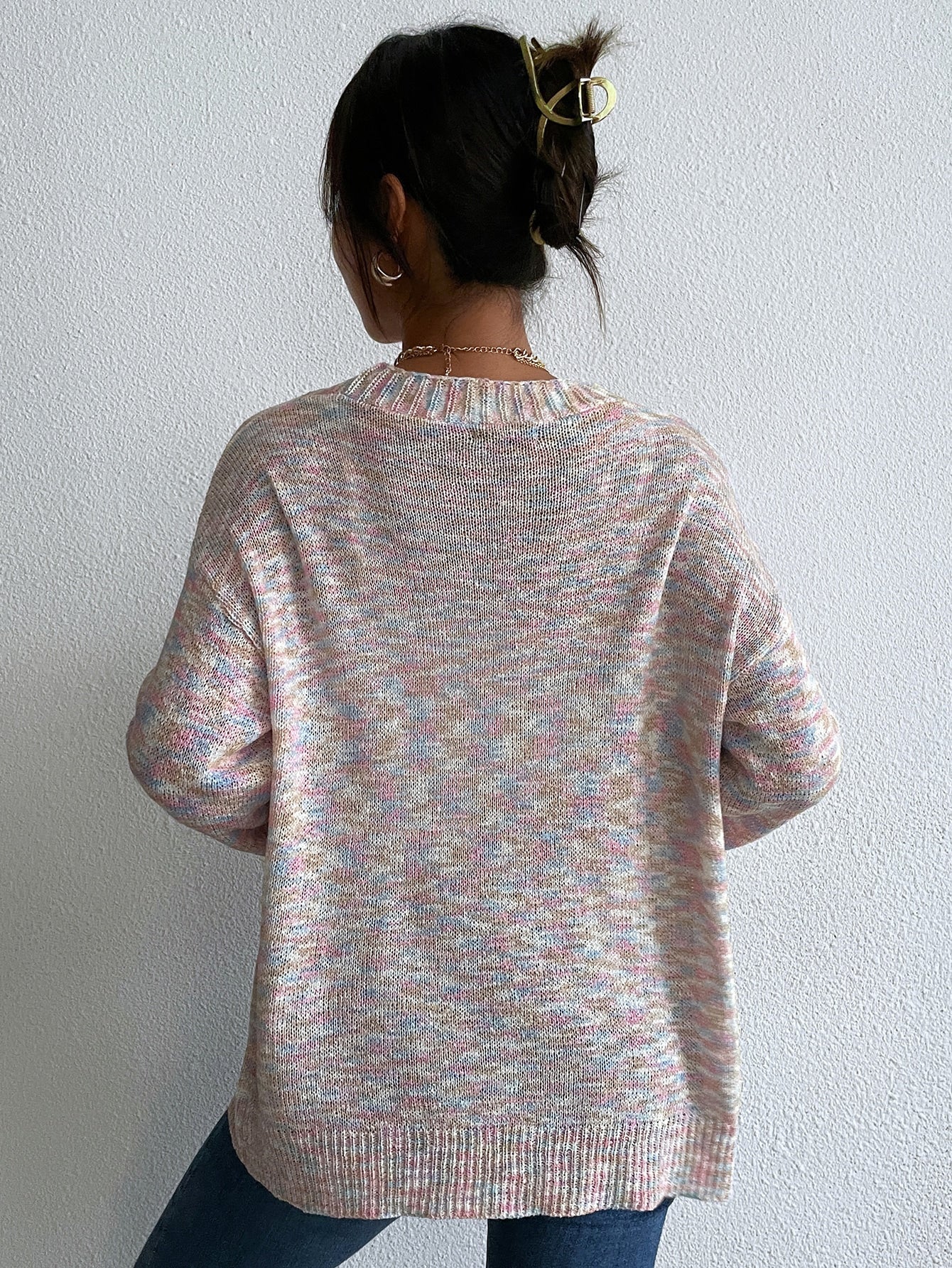 Space Dye Double Pocket Drop Shoulder Open Front Cardigan