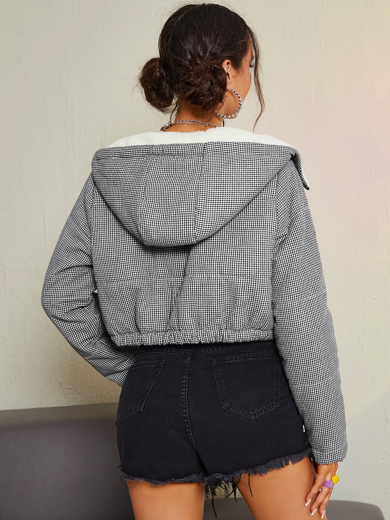 Gingham Print Zip Up Hooded Crop Jacket