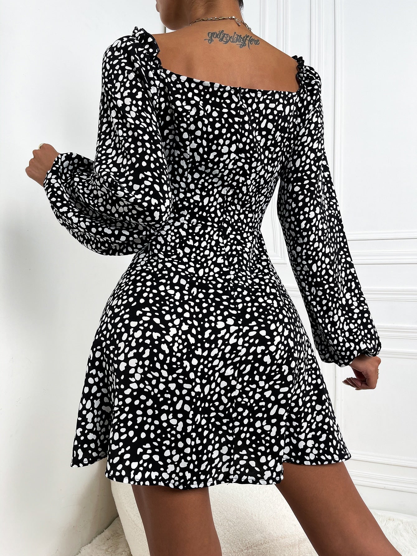 Dalmatian Print Frilled Sweetheart Neck Lantern Sleeve Dress