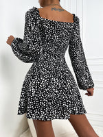 Dalmatian Print Frilled Sweetheart Neck Lantern Sleeve Dress