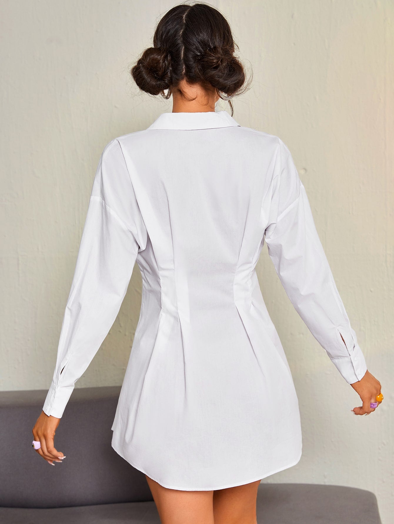 Drop Shoulder Fold Pleated Detail Shirt Dress