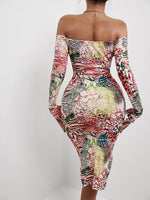 Off Shoulder Mixed Print Flounce Sleeve Split Thigh Bodycon Dress