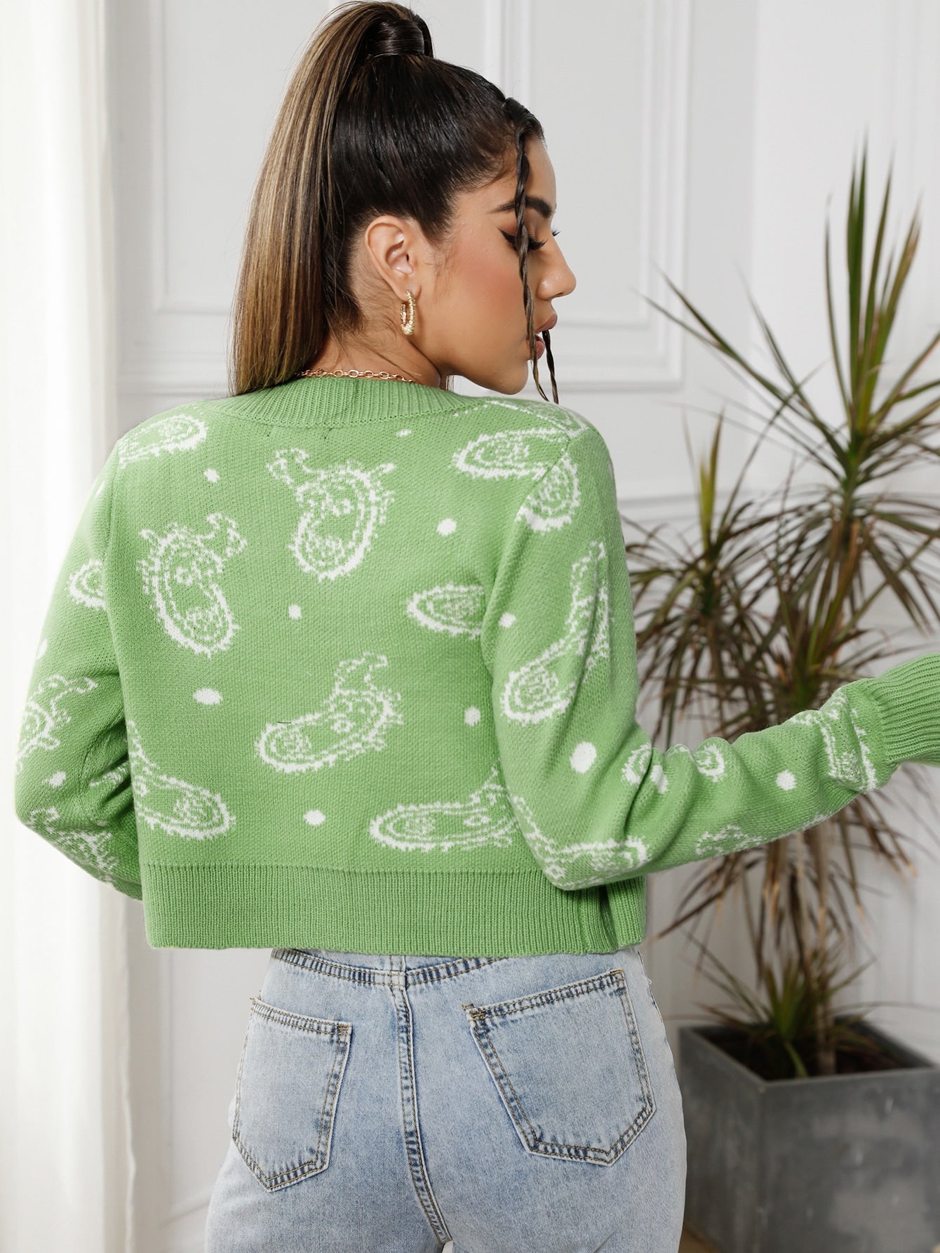 Graphic Pattern Button Front Crop Cardigan