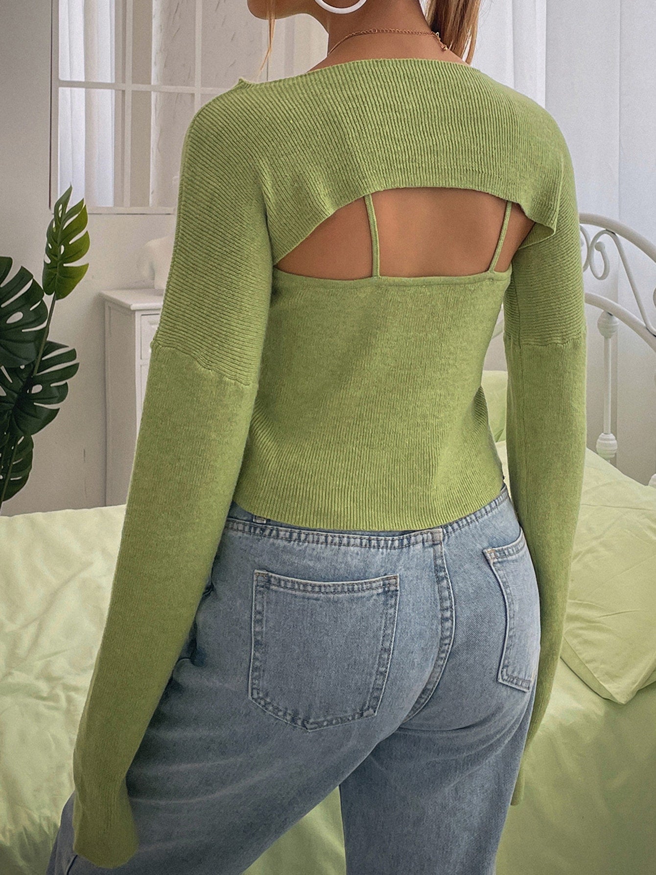Ribbed Knit Super Crop Sweater With Cami Top