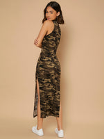 Camo And Letter Graphic Slit Thigh Mock Neck Dress