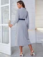 Striped Panel Asymmetrical Hem Belted Shirt Dress