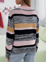 V-neck Drop Shoulder Striped Colorblock Sweater
