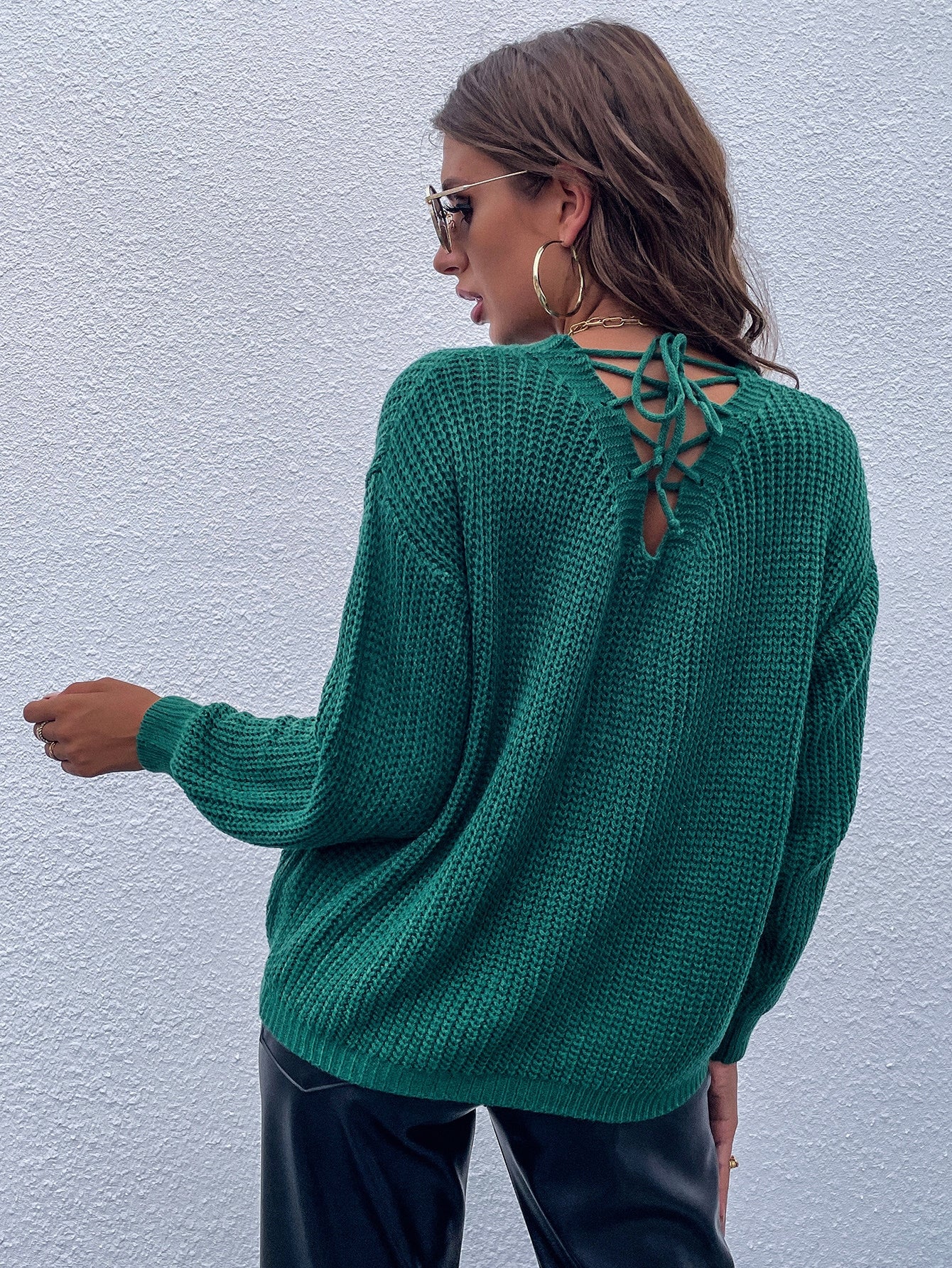 Drop Shoulder Lace Up Back Sweater